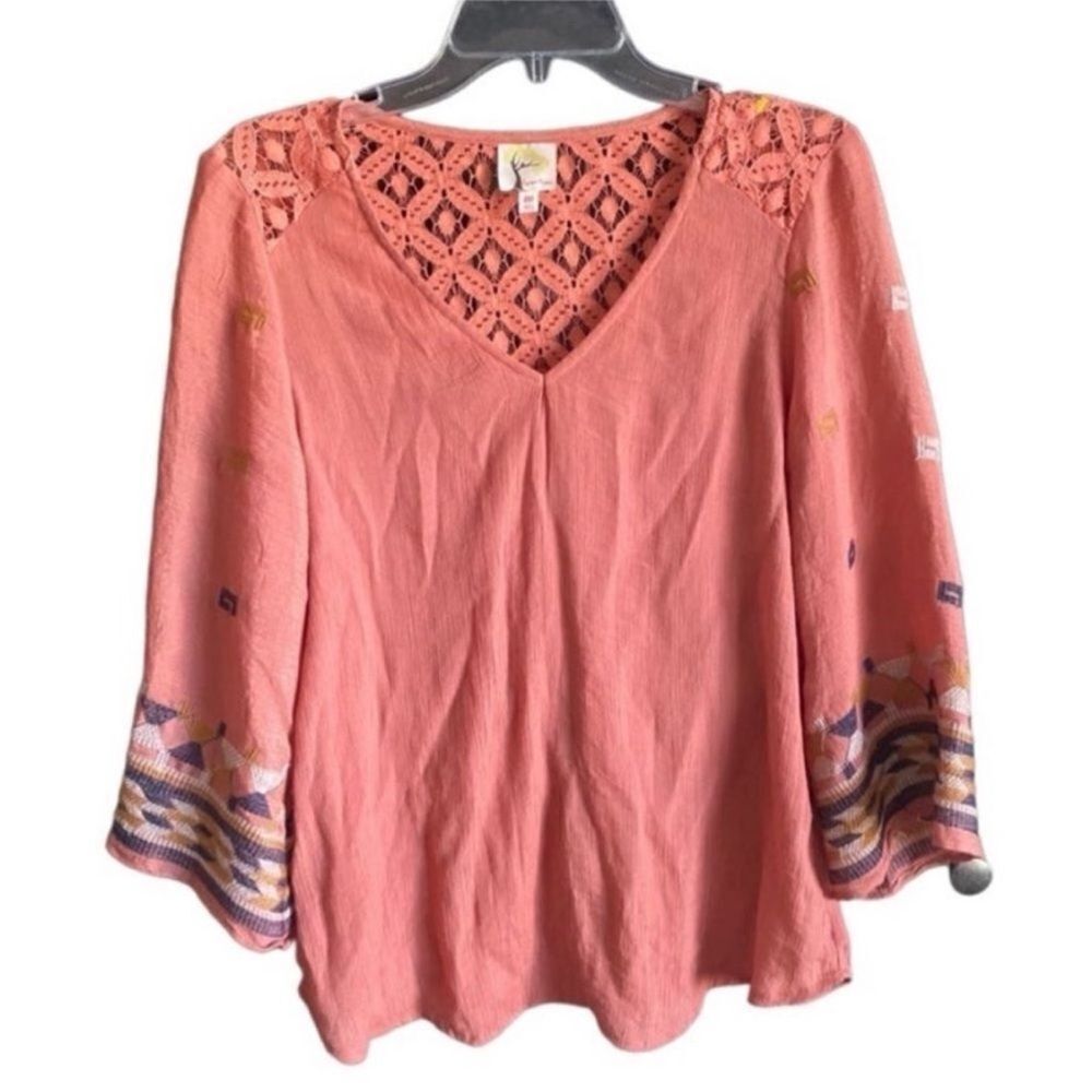 Anthropologie Fig & Flower Orange Embroidered Bell Sleeve Top Medium